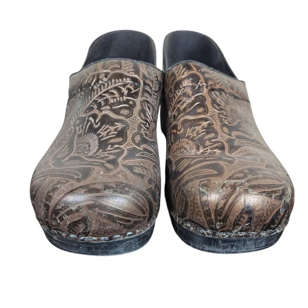 Dansko Floral Tooled Clogs Sz 41 US 10.5 - 11 Brown Leather Comfort